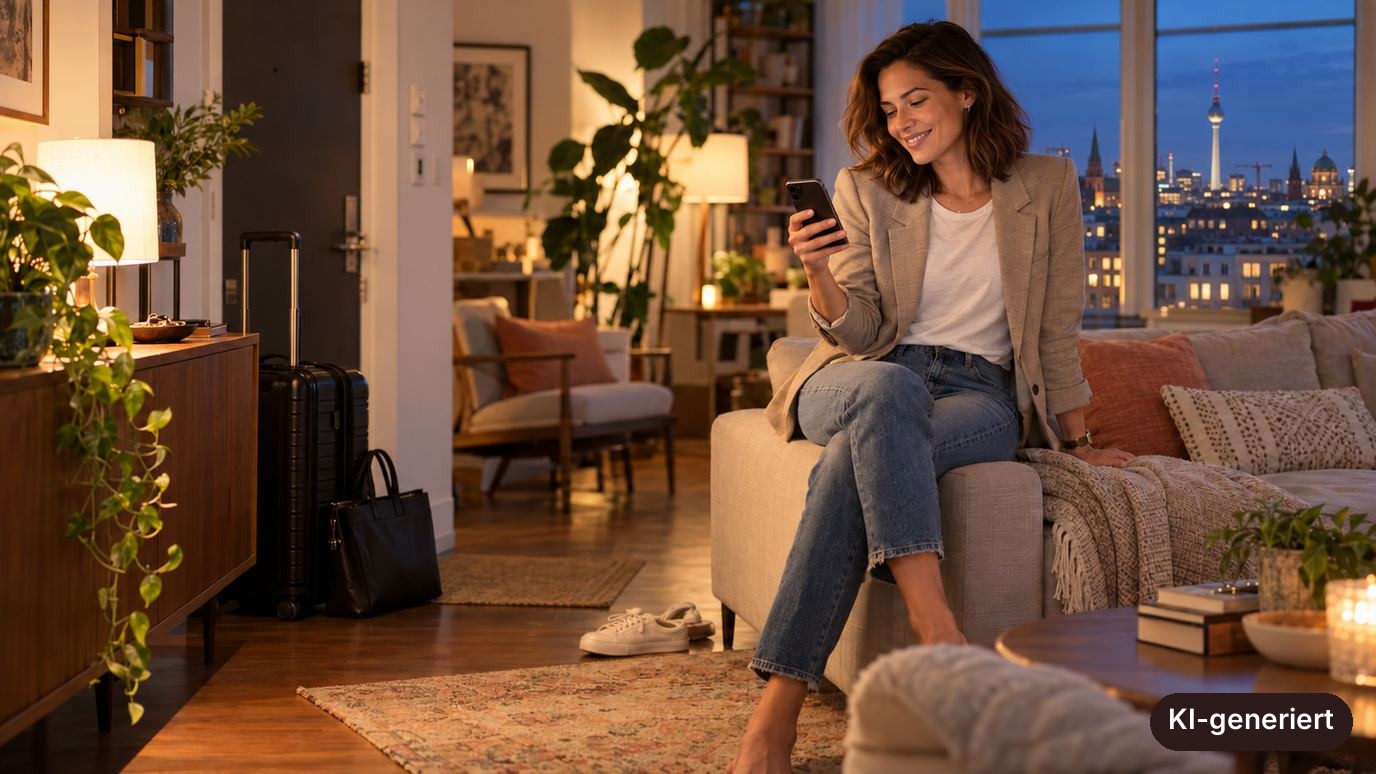 Frau sitzt abends nach einer Reise auf dem Sofa und lächelt auf ihr Handy