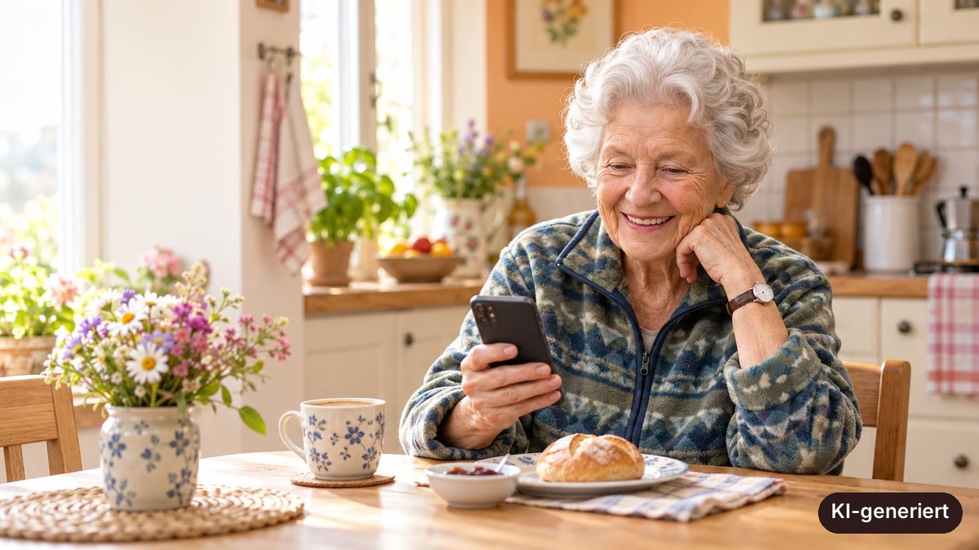 Ältere Frau sitzt am Frühstückstisch und lächelt auf ihr Handy