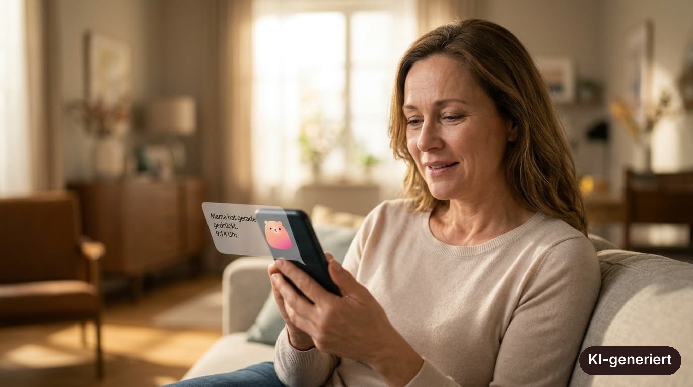 Frau schaut erleichtert auf ihr Handy
