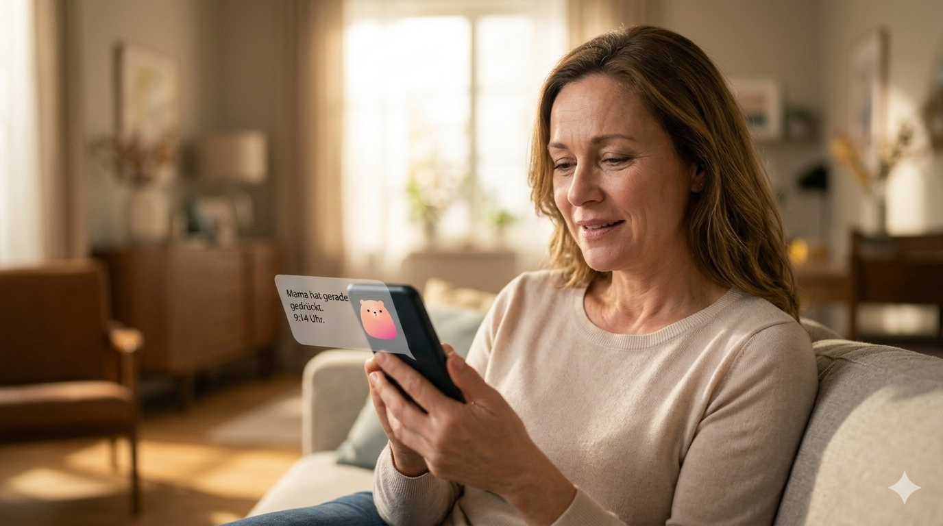 Frau schaut erleichtert auf ihr Handy