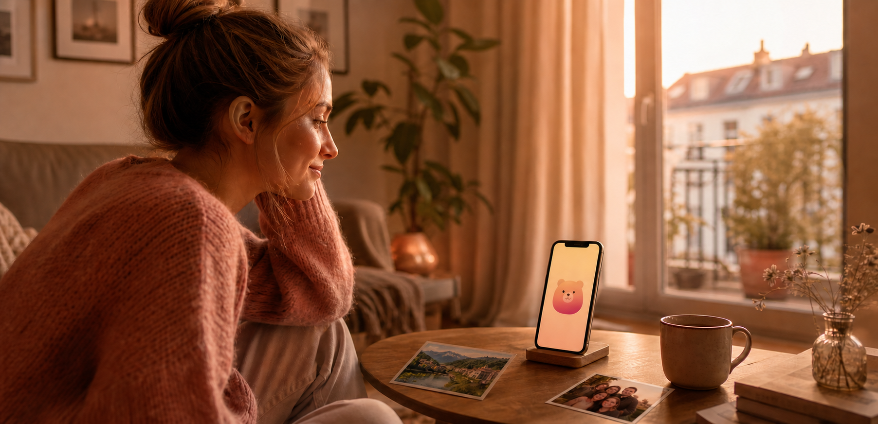 Eine Person im Ausland mit Drück mich. auf dem Handy