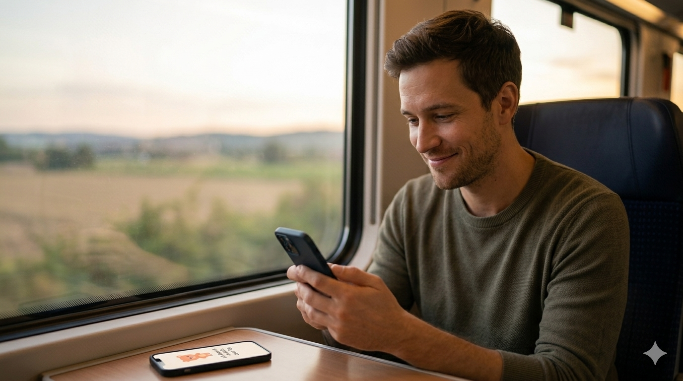 Person lächelt auf ihr Handy