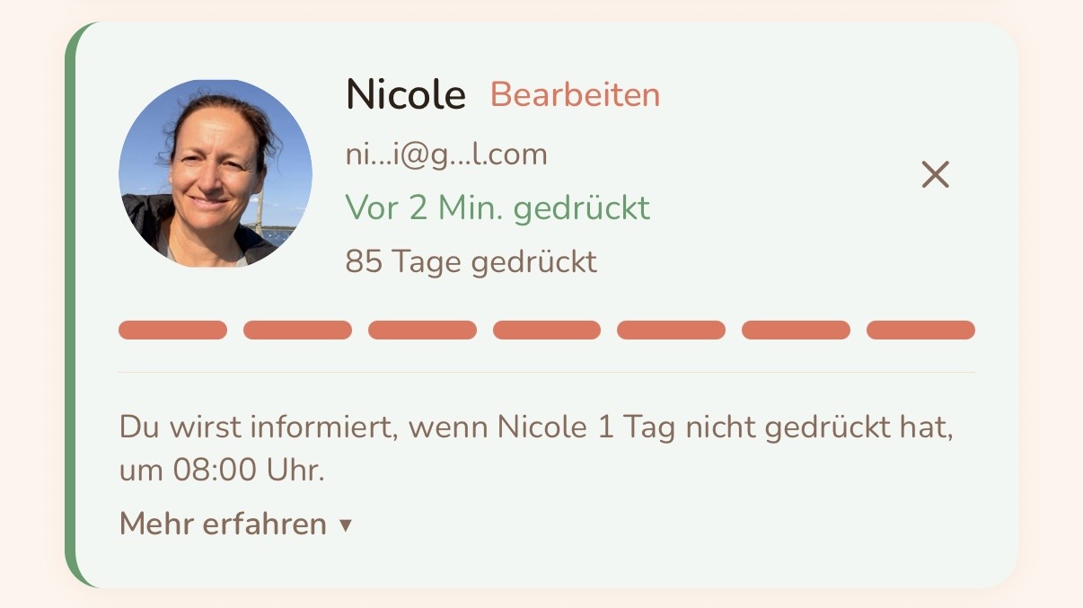 Kontaktkarte eines Lieblingsmenschen mit Profilfoto, Status und gemeinsamen Tagen